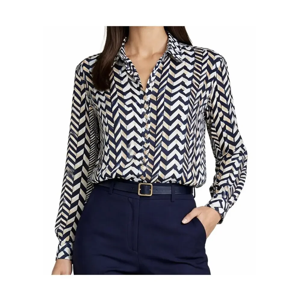 Michael Kors Shirt Womens Size 1X Blue White Geometric Long Sleeve Lightweight